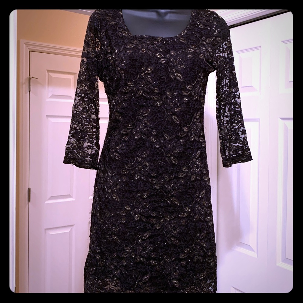 Black Lace Dress with Sparkly, Gold Floral Design